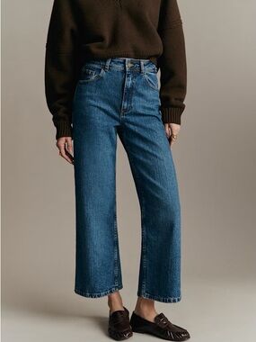 Sézane Womens High Rise Crop Wide-Leg Blue Denim Jeans 38/6 Medium Wash Pockets